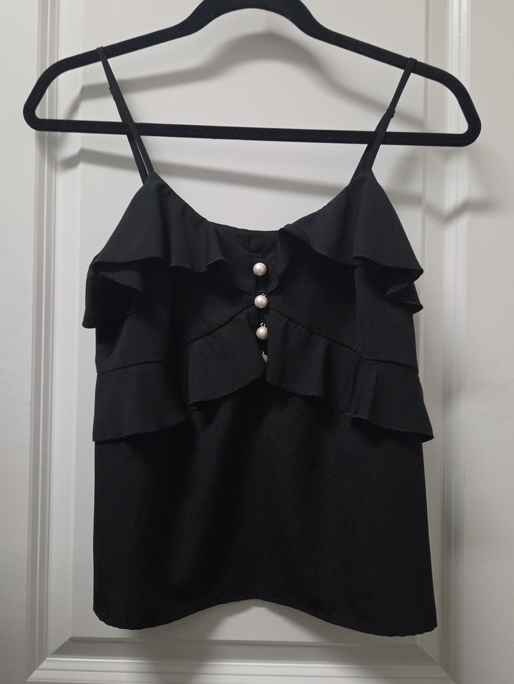 EXPRESS Black Ruffle Pearl-Button Cami Top